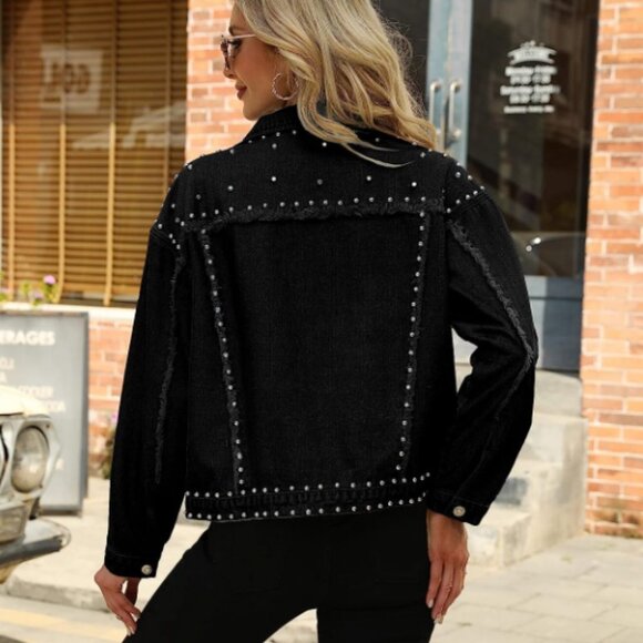 Black Denim Studded Jean Jacket Distressed Western Embellished Trucker Jacket - Picture 5 of 9